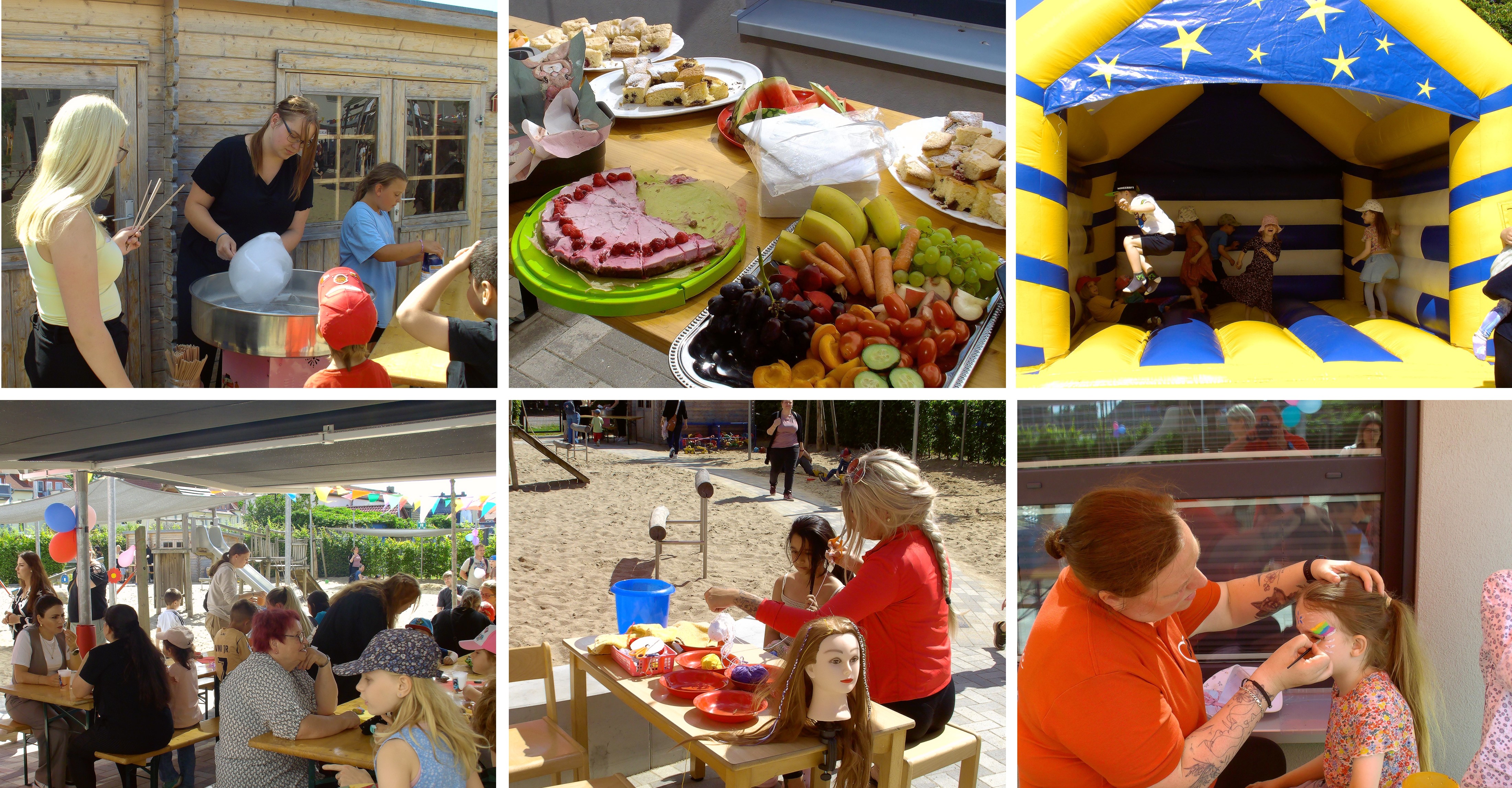 Zum Sommerfest sind auf dem Hof der Kita Spielkiste verschiedene Stationen mit Mitmachangeboten auf gebaut.